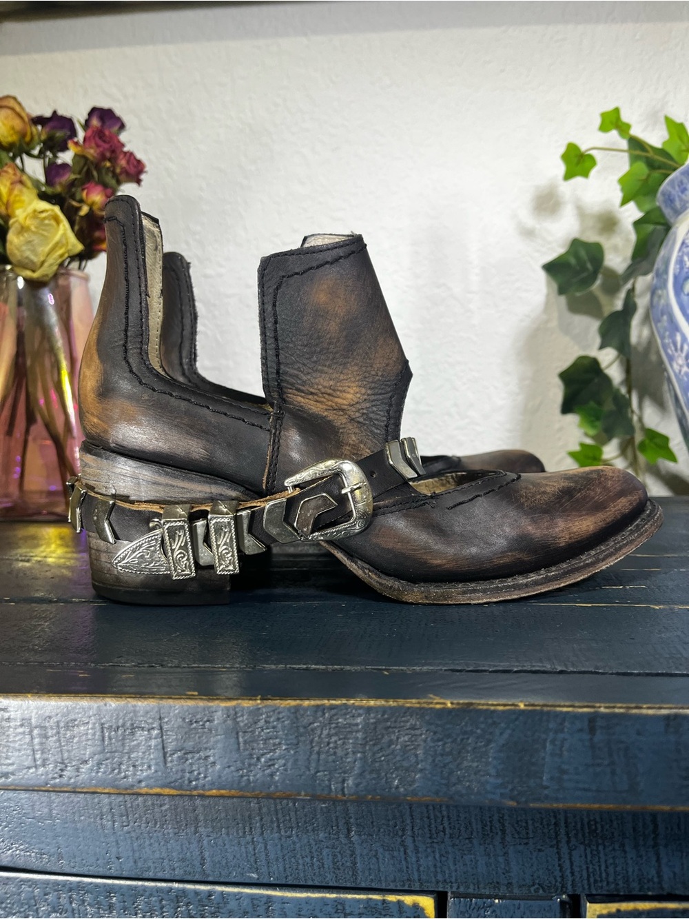 freebird Blade Black Leather Wooden Heeled Boots with Silver Buckle 8 - Picture 12 of 13